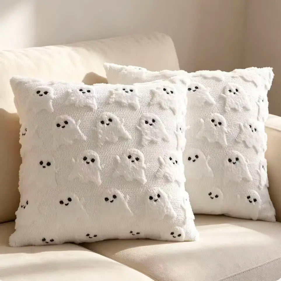Halloween Decor Ghost Pumpkin Throw Pillow Covers (Set of 2, 18X18In) - White Quilted Embroidery, Spooky Cute, Indoor/Outdoor Cushion Cases for Living Room Sofa Bedroom Housewarming Gift, Ghost Pumpkins