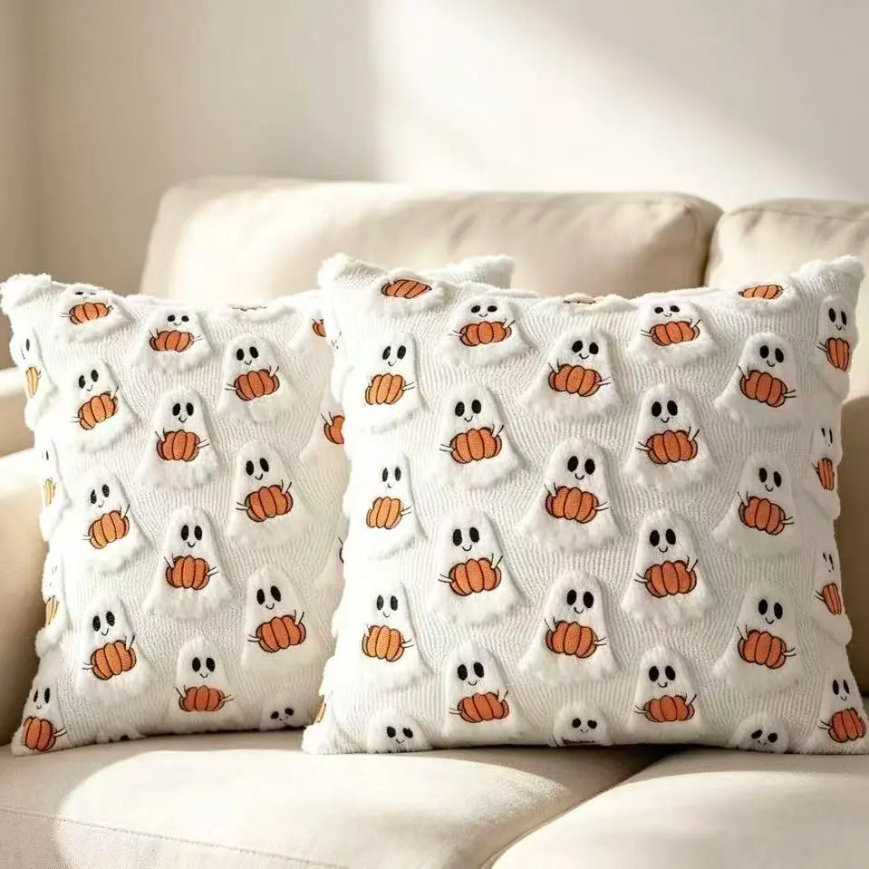Halloween Decor Ghost Pumpkin Throw Pillow Covers (Set of 2, 18X18In) - White Quilted Embroidery, Spooky Cute, Indoor/Outdoor Cushion Cases for Living Room Sofa Bedroom Housewarming Gift, Ghost Pumpkins