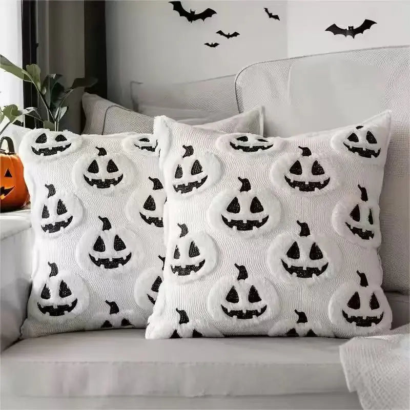 Halloween Decor Ghost Pumpkin Throw Pillow Covers (Set of 2, 18X18In) - White Quilted Embroidery, Spooky Cute, Indoor/Outdoor Cushion Cases for Living Room Sofa Bedroom Housewarming Gift, Ghost Pumpkins