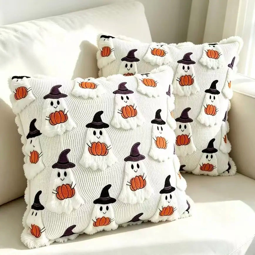 Halloween Decor Ghost Pumpkin Throw Pillow Covers (Set of 2, 18X18In) - White Quilted Embroidery, Spooky Cute, Indoor/Outdoor Cushion Cases for Living Room Sofa Bedroom Housewarming Gift, Ghost Pumpkins