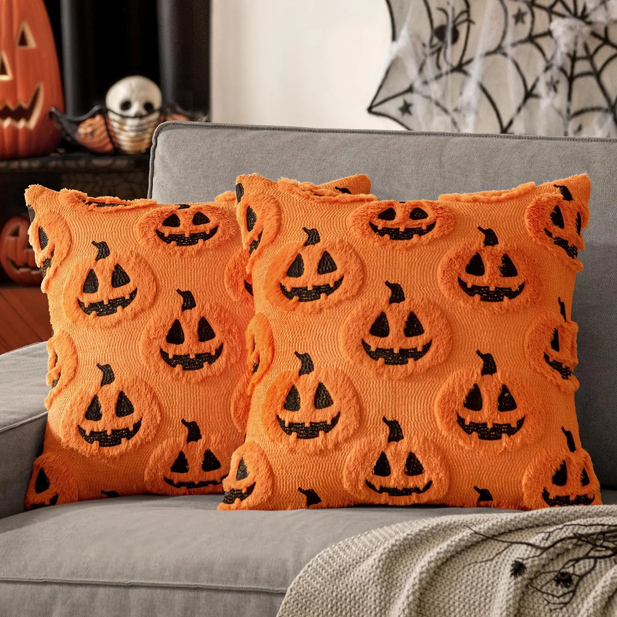 Halloween Decor Ghost Pumpkin Throw Pillow Covers (Set of 2, 18X18In) - White Quilted Embroidery, Spooky Cute, Indoor/Outdoor Cushion Cases for Living Room Sofa Bedroom Housewarming Gift, Ghost Pumpkins