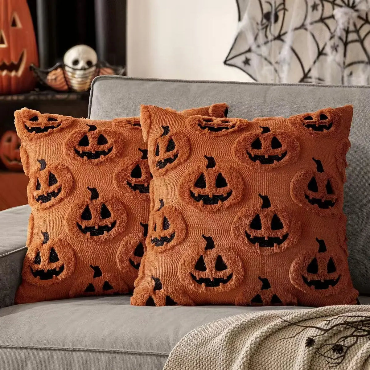 Halloween Decor Ghost Pumpkin Throw Pillow Covers (Set of 2, 18X18In) - White Quilted Embroidery, Spooky Cute, Indoor/Outdoor Cushion Cases for Living Room Sofa Bedroom Housewarming Gift, Ghost Pumpkins