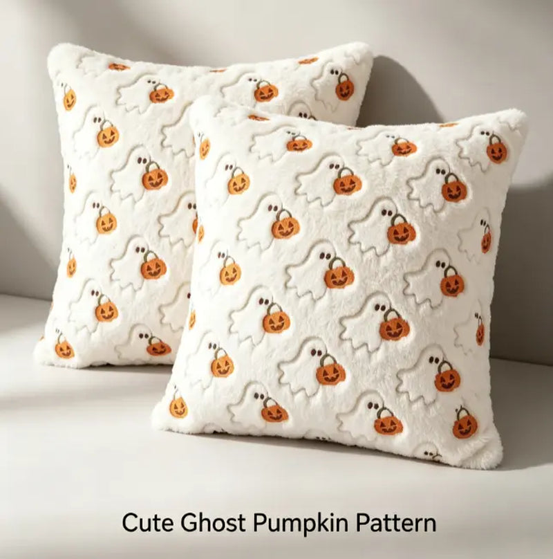 Halloween Decor Ghost Pumpkin Throw Pillow Covers (Set of 2, 18X18In) - White Quilted Embroidery, Spooky Cute, Indoor/Outdoor Cushion Cases for Living Room Sofa Bedroom Housewarming Gift, Ghost Pumpkins