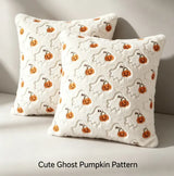 Halloween Decor Ghost Pumpkin Throw Pillow Covers (Set of 2, 18X18In) - White Quilted Embroidery, Spooky Cute, Indoor/Outdoor Cushion Cases for Living Room Sofa Bedroom Housewarming Gift, Ghost Pumpkins