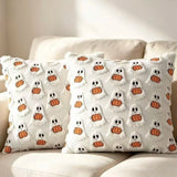 Halloween Decor Ghost Pumpkin Throw Pillow Covers (Set of 2, 18X18In) - White Quilted Embroidery, Spooky Cute, Indoor/Outdoor Cushion Cases for Living Room Sofa Bedroom Housewarming Gift, Ghost Pumpkins