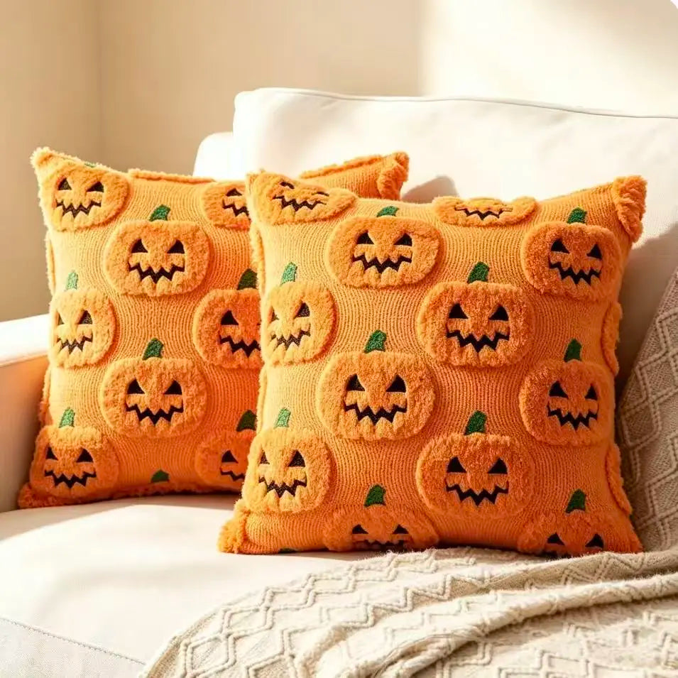 Halloween Decor Ghost Pumpkin Throw Pillow Covers (Set of 2, 18X18In) - White Quilted Embroidery, Spooky Cute, Indoor/Outdoor Cushion Cases for Living Room Sofa Bedroom Housewarming Gift, Ghost Pumpkins