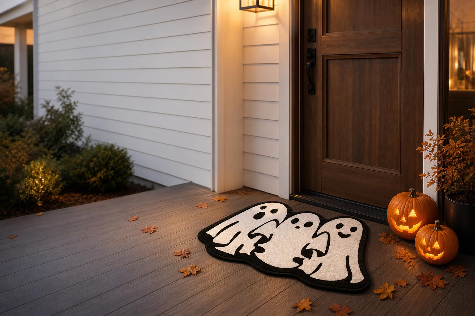 Three ghosts Halloween doormat - porch lifestyle