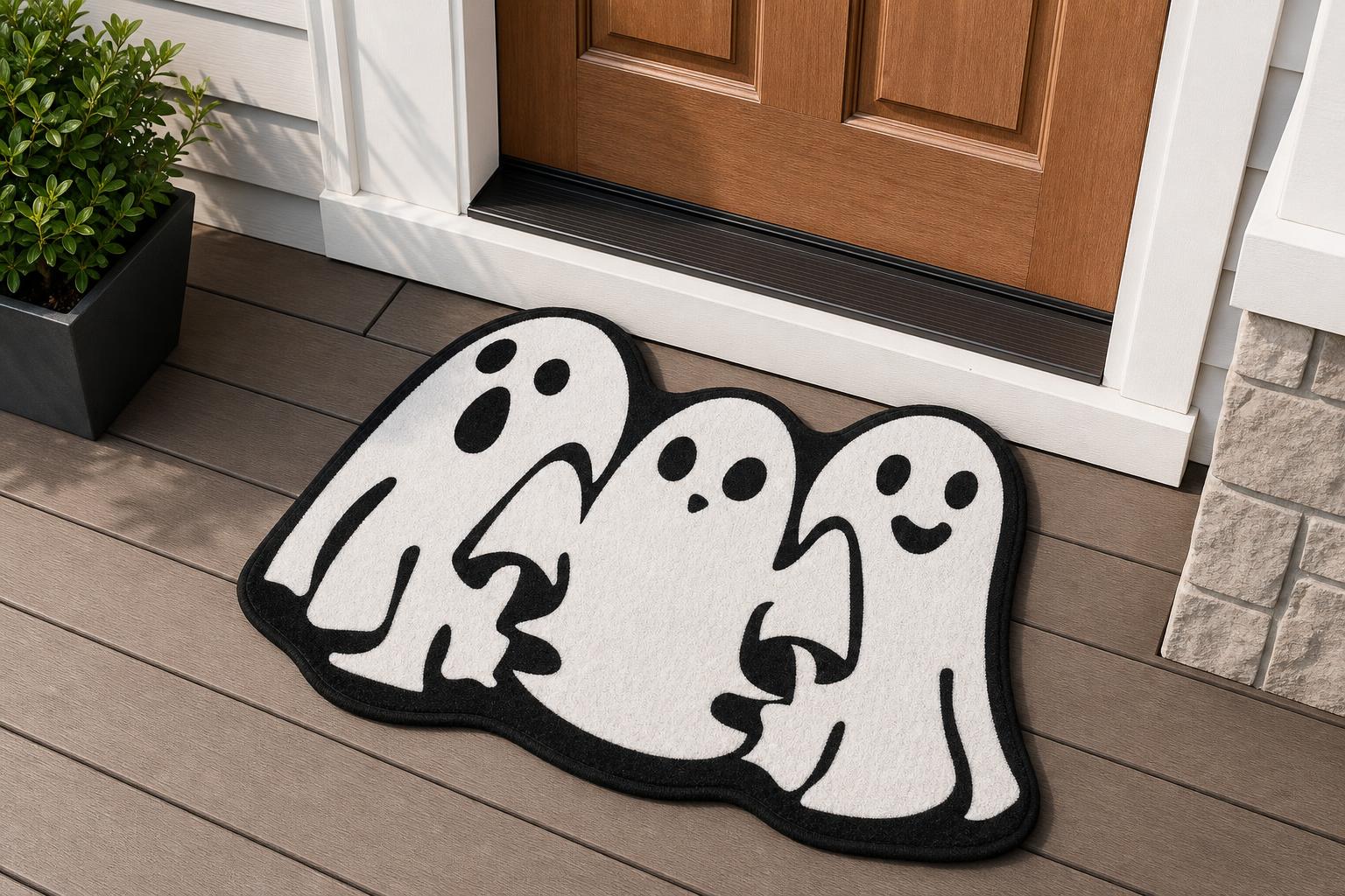 Three ghosts doormat - daytime porch view