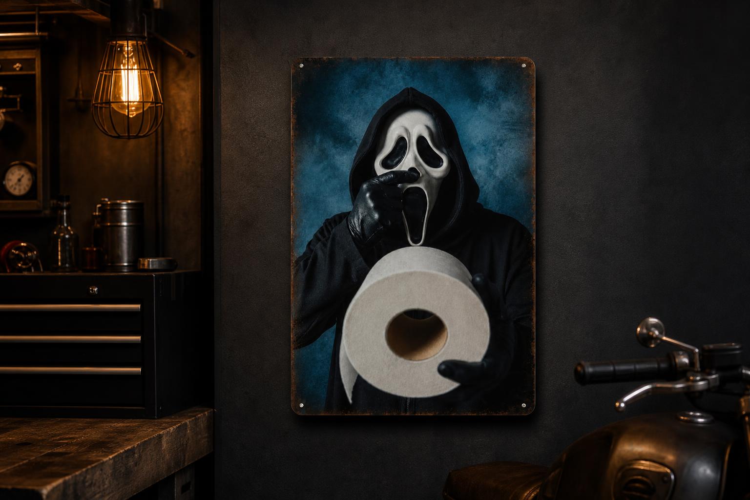 Ghost toilet paper metal sign - man cave wall view