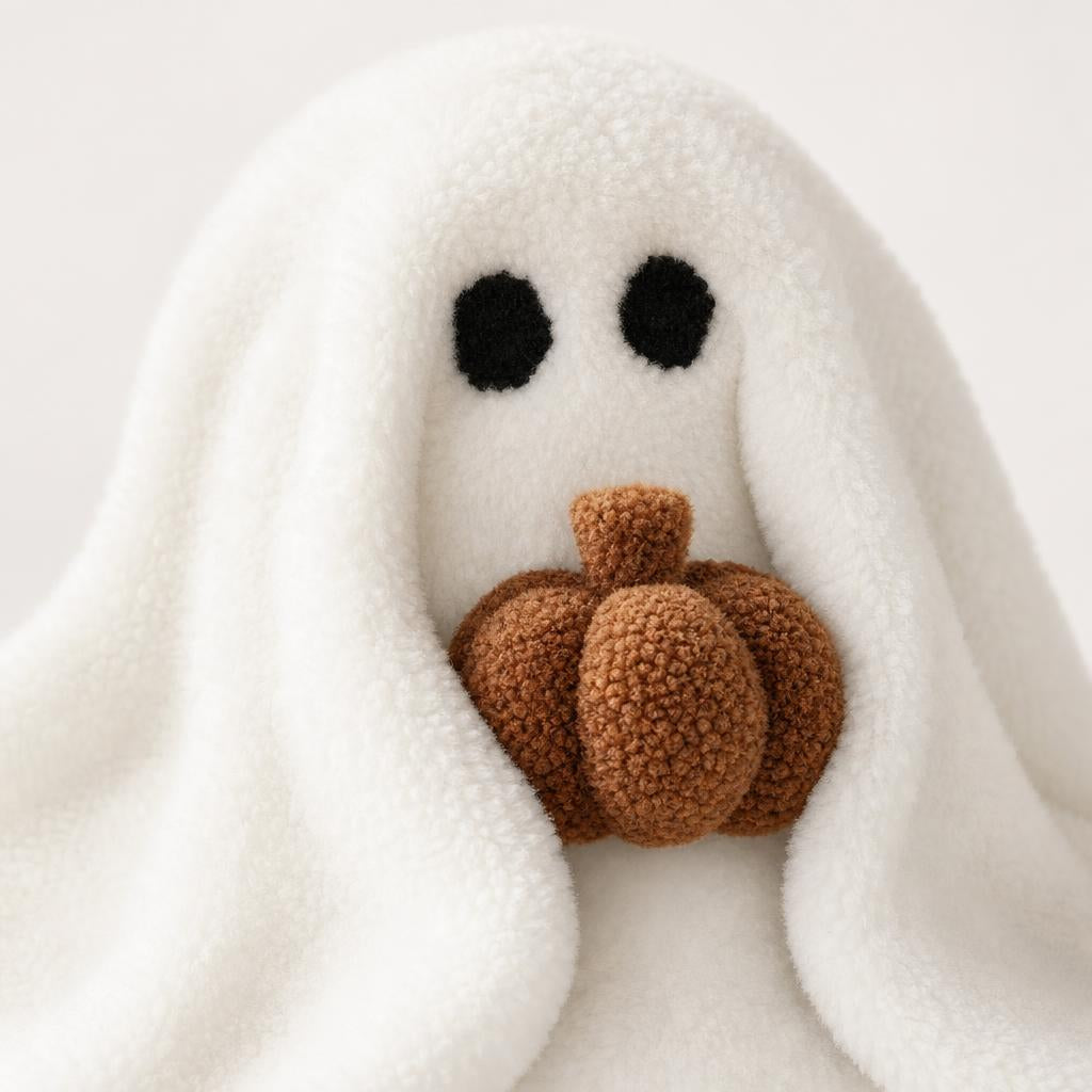 Ghost and pumpkin plush pillow - close-up texture detail