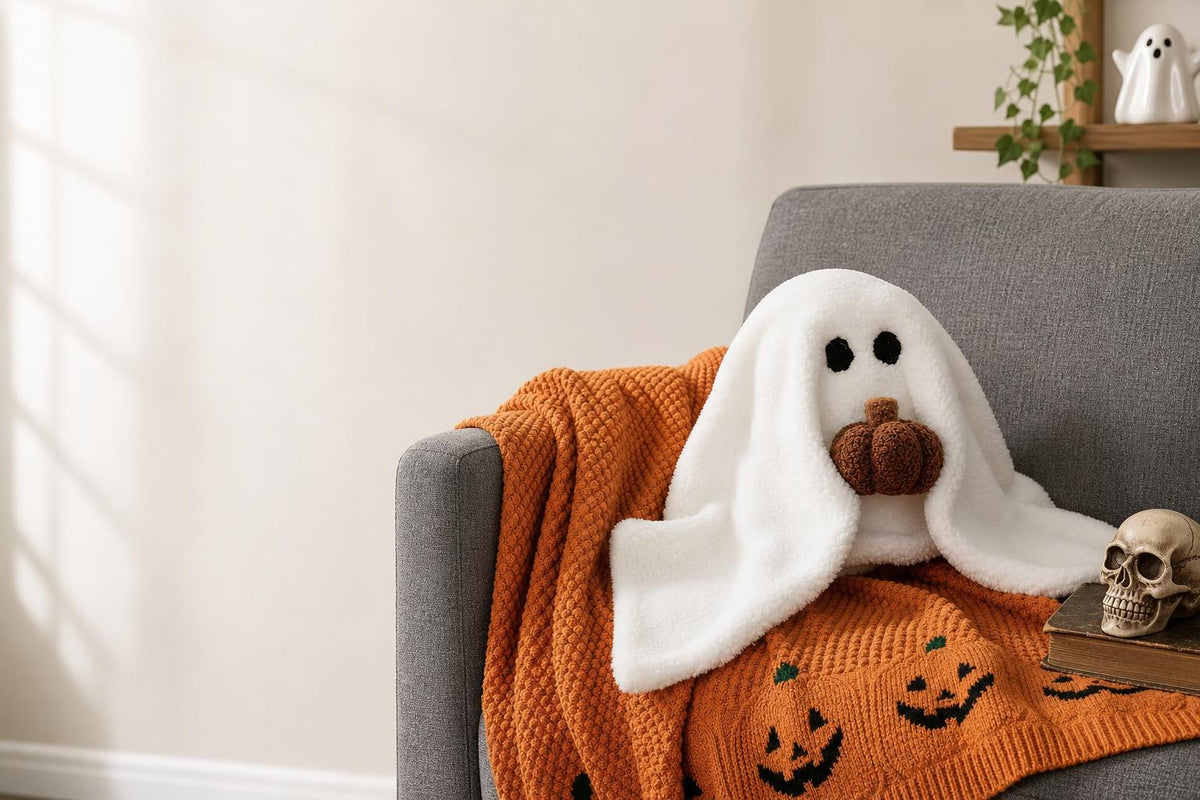 Ghost and pumpkin plush pillow - living room lifestyle