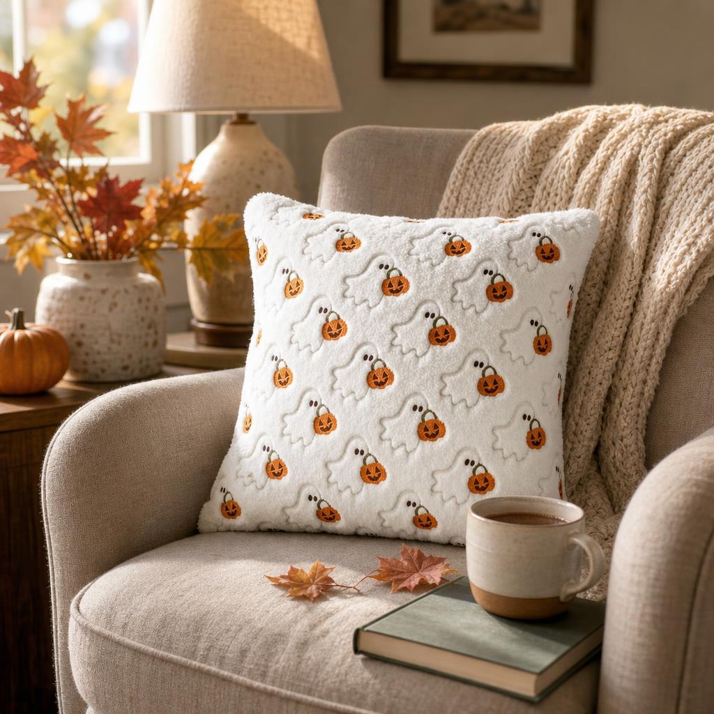Ghost and pumpkin pillow covers - reading nook lifestyle
